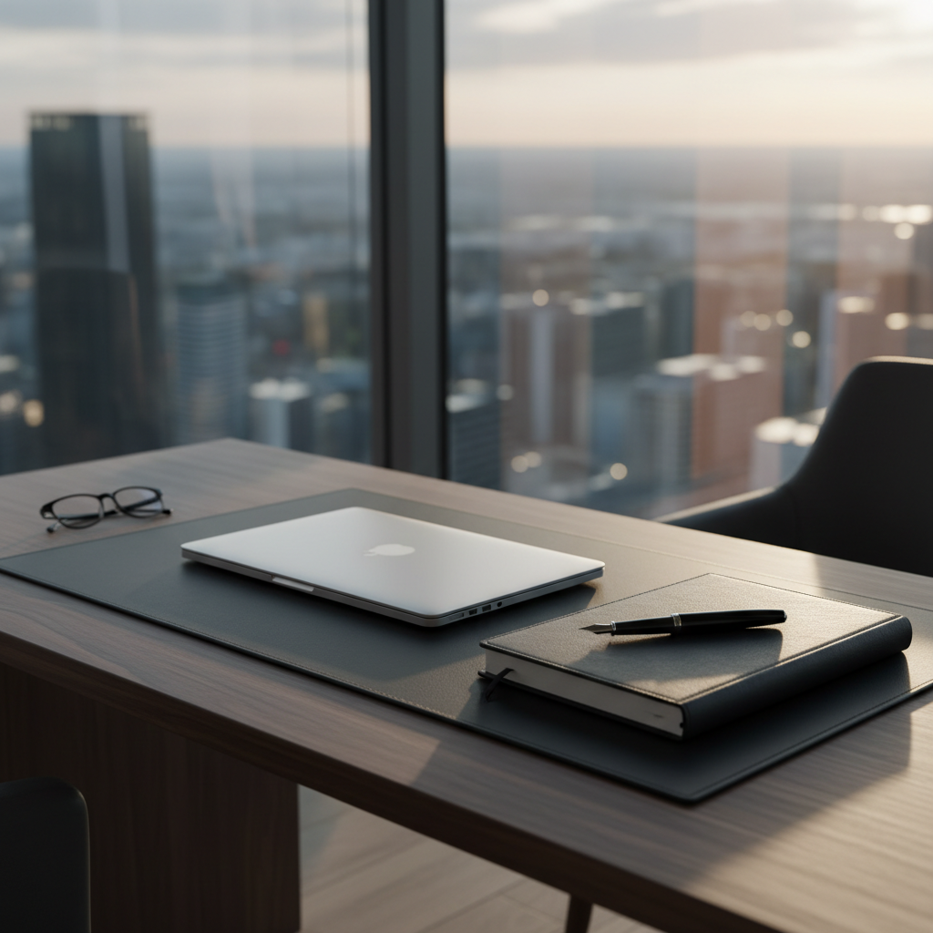 A meticulously organized executive desk in a corner office, featuring a dark walnut surface with a subtle satin sheen, a closed slim silver laptop, a leather-bound investigation notebook, and a single black fountain pen aligned precisely. Behind, a floor-to-ceiling window reveals an abstract blur of a city skyline, softly out of focus to keep attention on the desk. Late afternoon natural light streams in, creating calm, elongated shadows and gentle highlights along the notebook’s textured cover. Photographic realism at eye-level, with a shallow depth of field and a clean, minimalist composition, conveying professionalism, discretion, and quiet authority suitable for a high-end HR consulting and workplace investigations firm.